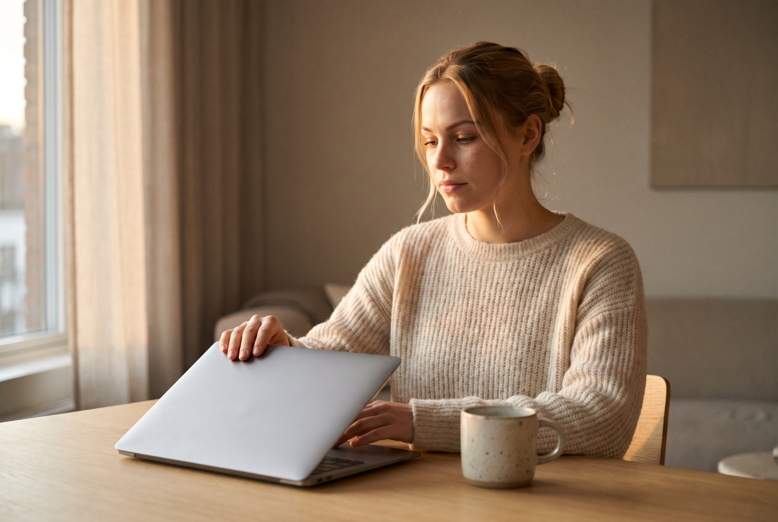 Vanesa sitting at a desk closing her laptop at a reasonable hour, calm and matter-of-fact, warm evening light