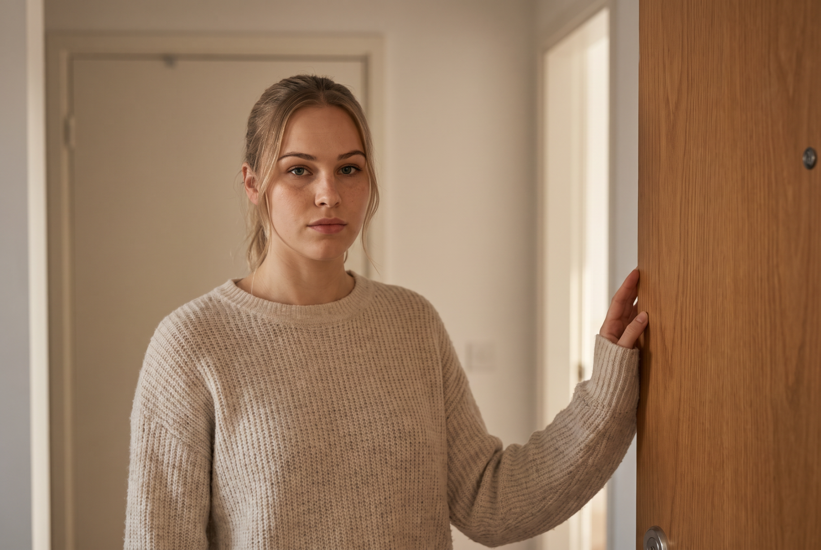 Vanesa standing calmly at an open apartment doorway, one hand resting on the door, having just said no, steady and grounded expression