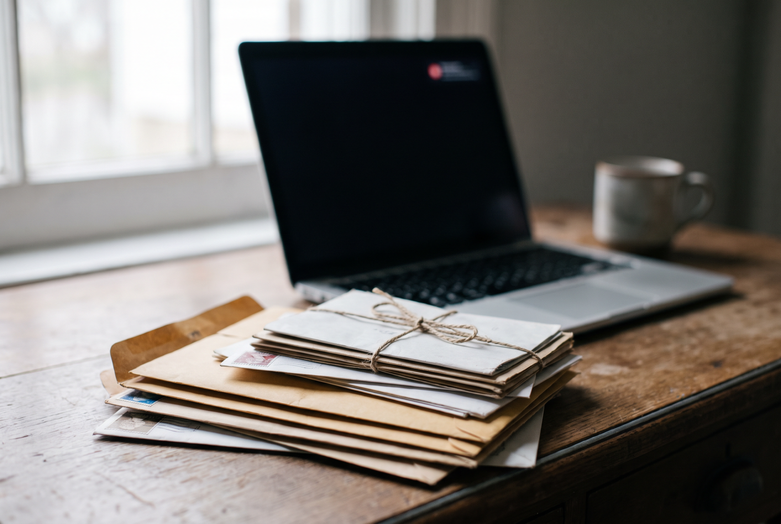 Close detail of an unread inbox and a stack of unopened mail, softly out of focus on a desk
