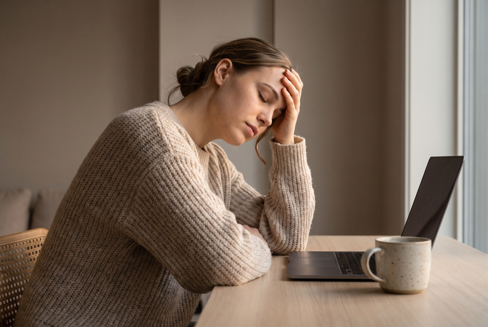 Vanesa sitting slumped at a desk in soft late-afternoon light, forehead resting against her hand beside a closed laptop