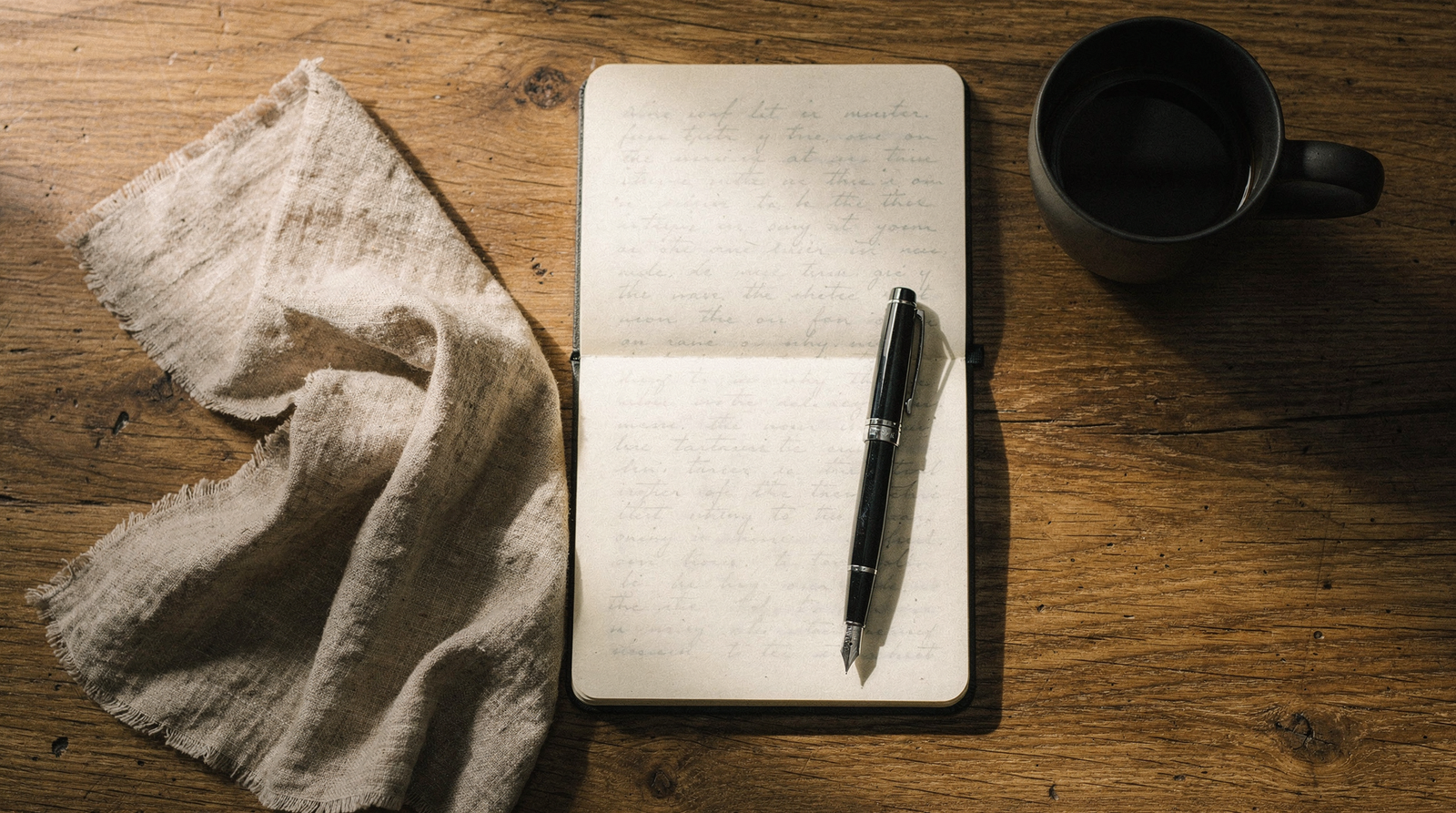 Open notebook with a pen and a cup of coffee on a wooden desk seen from above