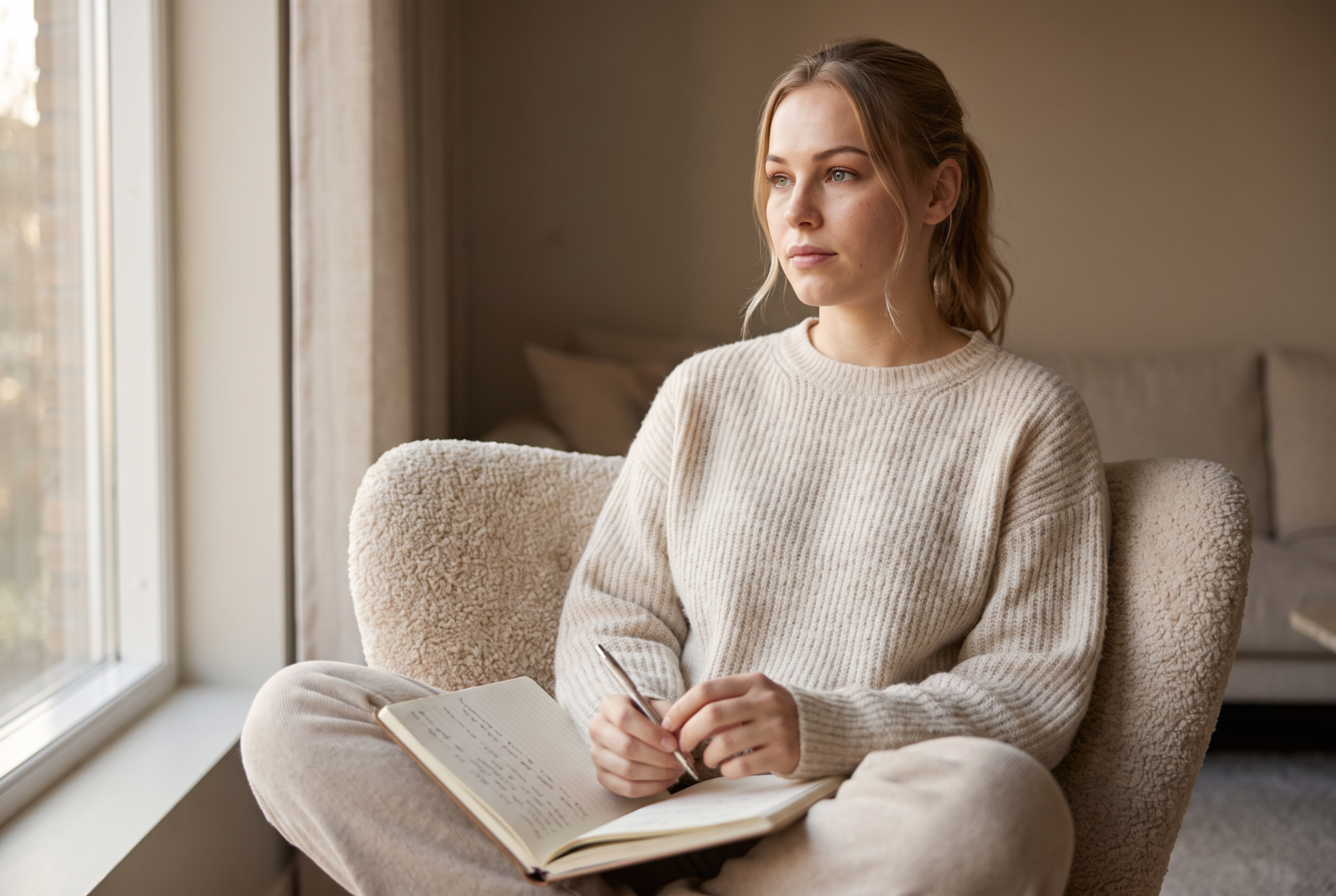Vanesa sitting cross-legged in a chair by a window with a notebook, calmer expression, having just written something affirming, in warm light