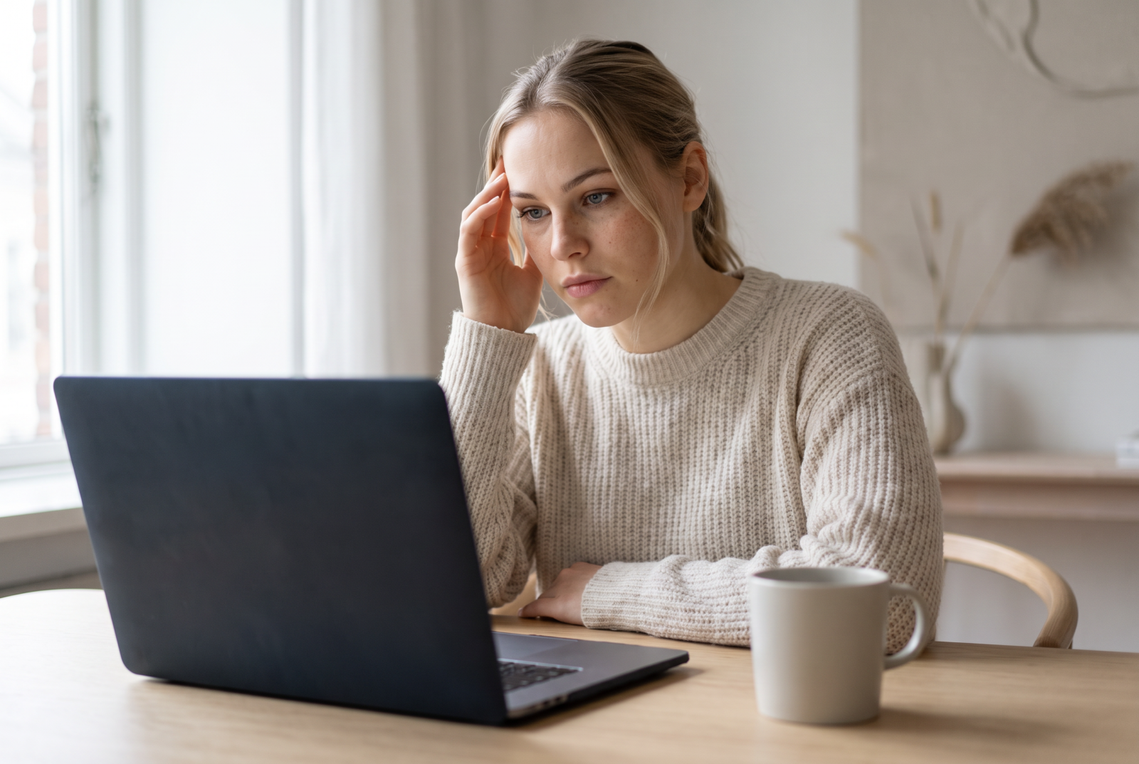 Vanesa sitting at a laptop in a modern workspace, hand at her temple, staring at the screen with quiet self-doubt in soft daylight