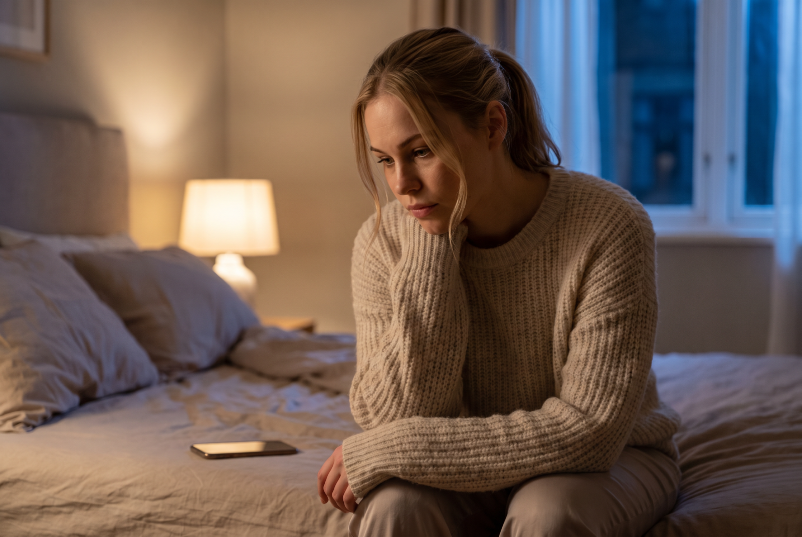 Vanesa sitting on the edge of her bed at night, phone face-down beside her, deep in thought