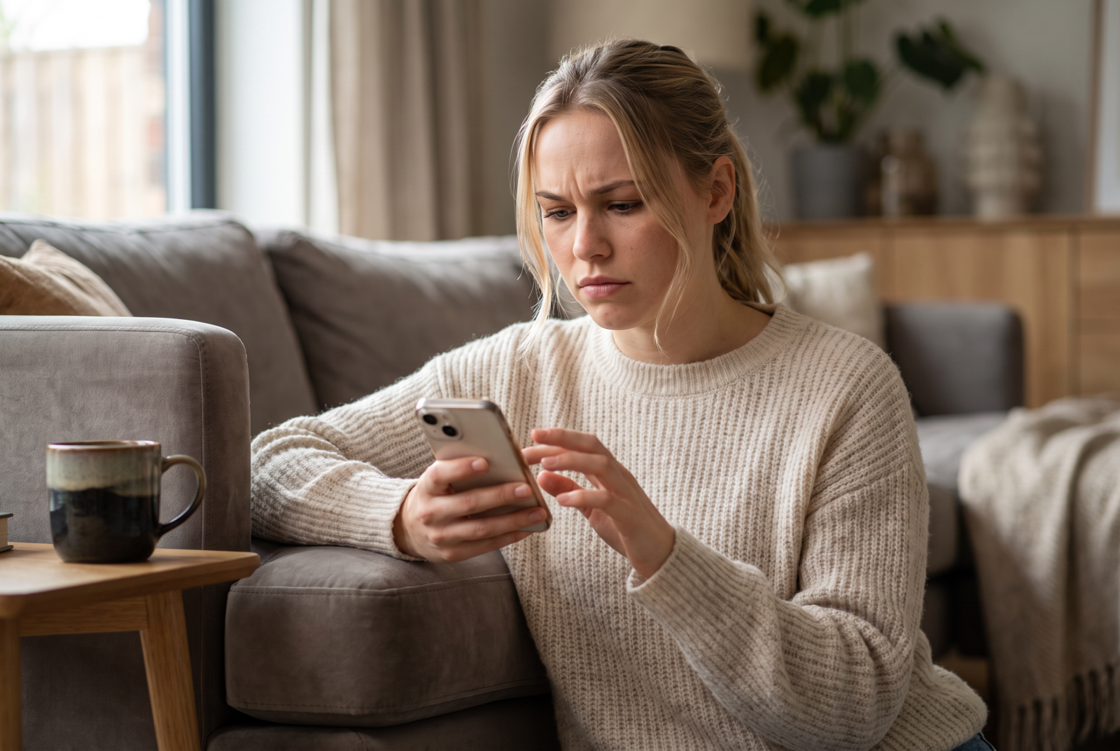 Vanesa sitting on the edge of a couch in soft window light, holding a phone with her thumb hovering over a reply, quiet conflicted expression