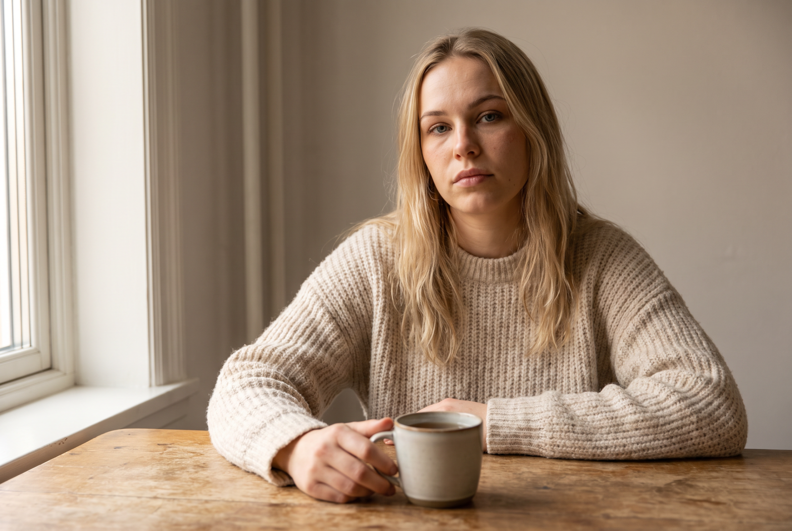 Vanesa sitting alone at a kitchen table with an untouched cup of tea, tired and unposed, having just said yes again