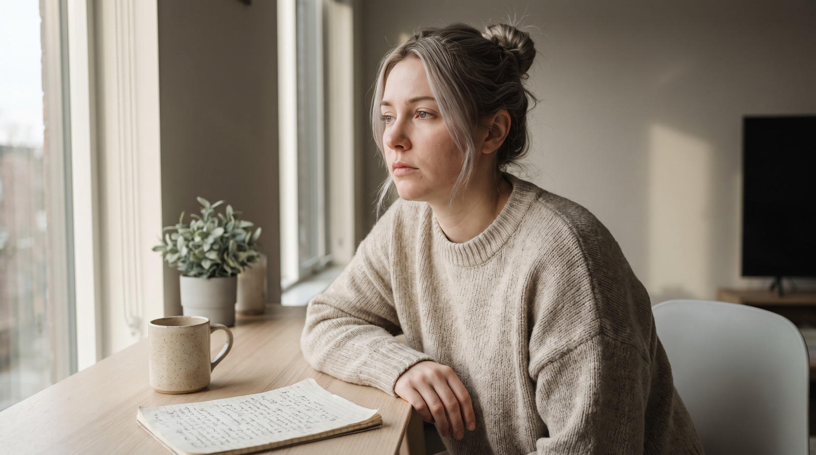 Woman sitting at a desk in soft morning window light, looking away from a notebook covered in crossed-out rewritten notes