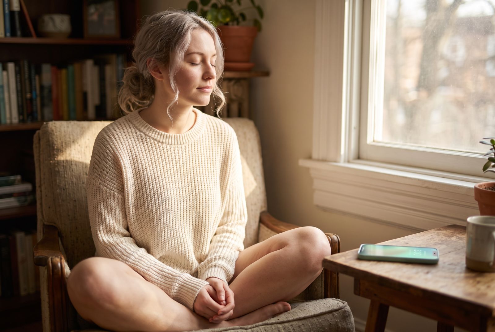 Woman sitting cross-legged in an armchair by a window, eyes closed, a phone showing a calming app timer resting nearby