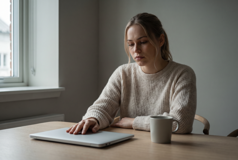 Vanesa sitting alone at a table, having just closed her laptop mid-task, one hand resting on the cover, quiet frustrated expression, moody window light