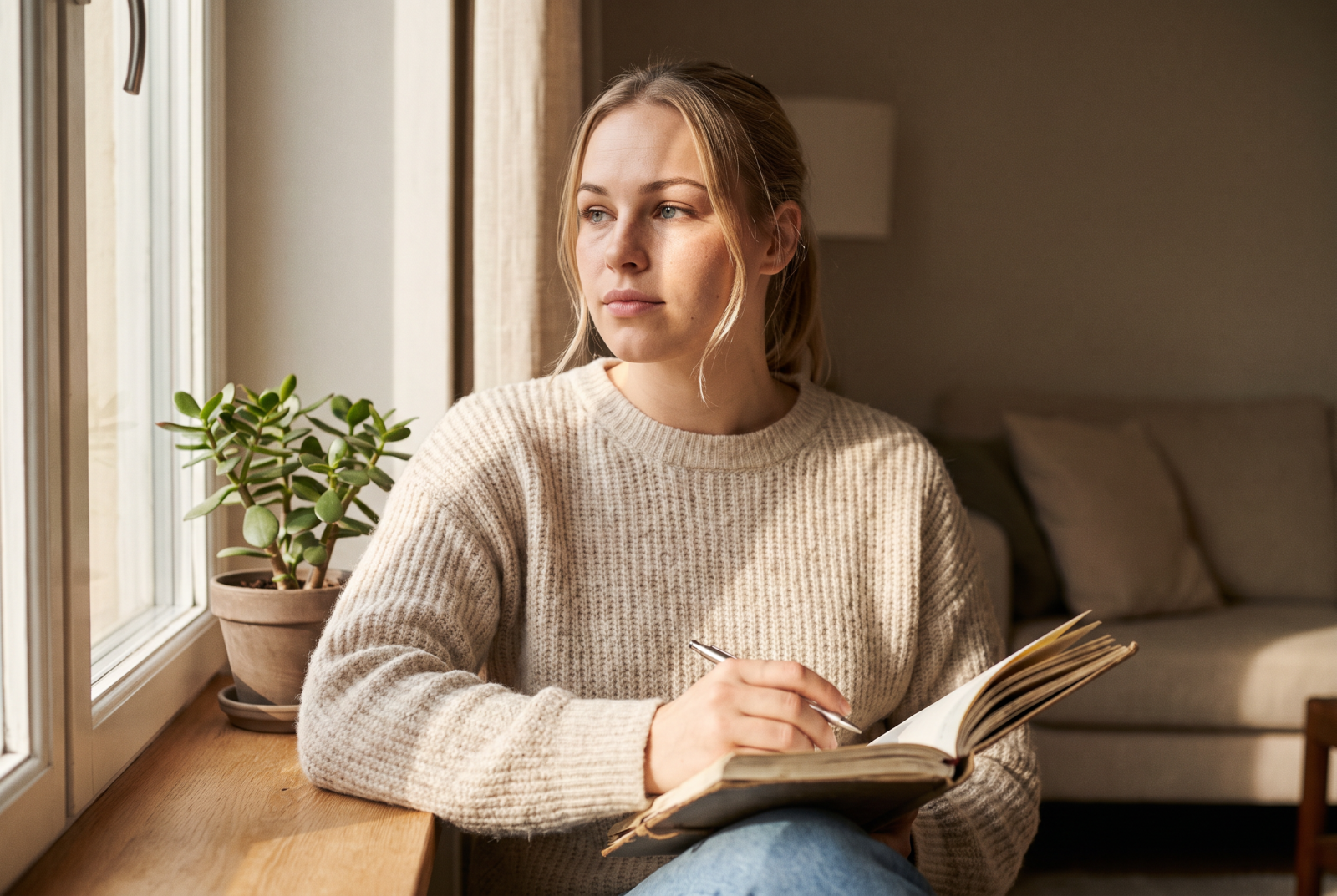 Vanesa sitting on a windowsill at home with a journal open, mid-thought, calmer expression, warm afternoon light