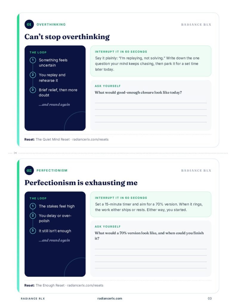 Two printable pattern cards for overthinking and perfectionism