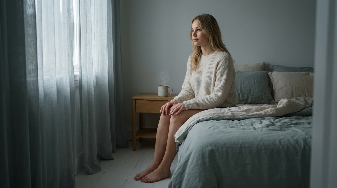 Woman sitting on the edge of her bed in early morning light, feet on the floor and palms on her knees, grounding herself