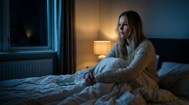 Woman catastrophizing at 2 a.m., sitting up in bed by a dim lamp and staring toward a dark window, her phone face-down on the duvet
