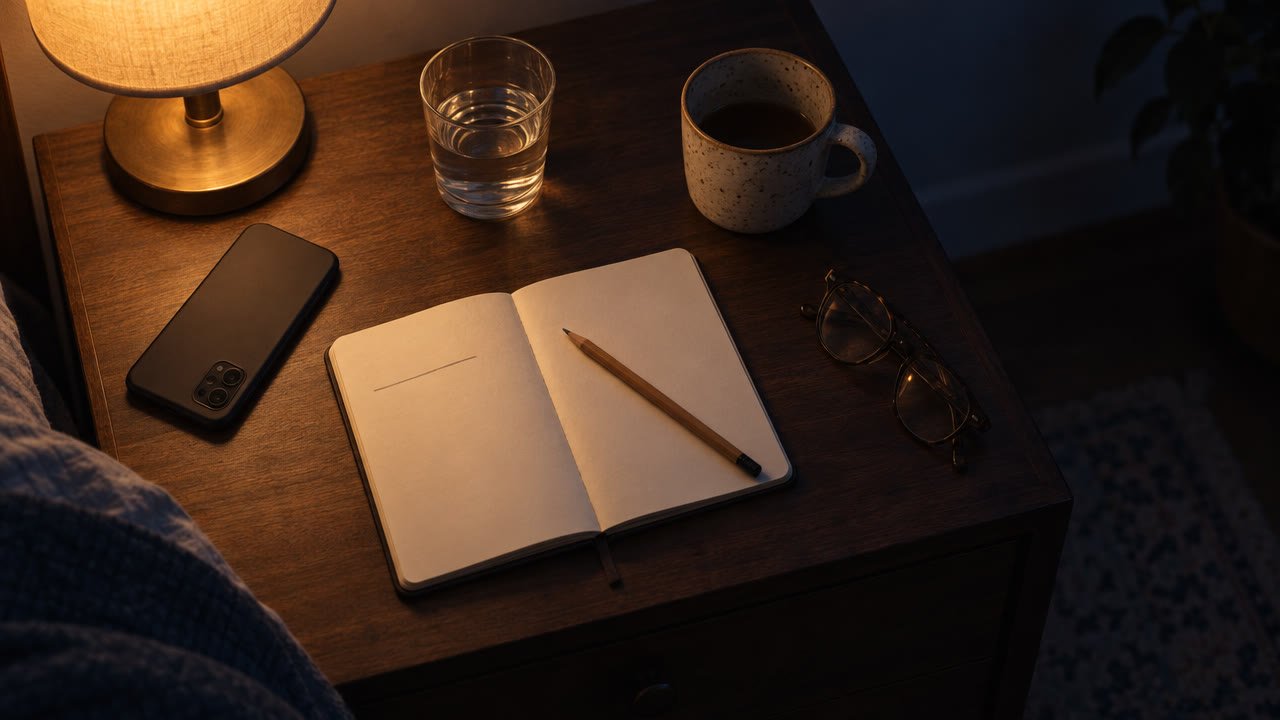 Overhead view of a nightstand at night with an open notebook, pencil, glass of water, face-down phone, reading glasses and a speckled mug