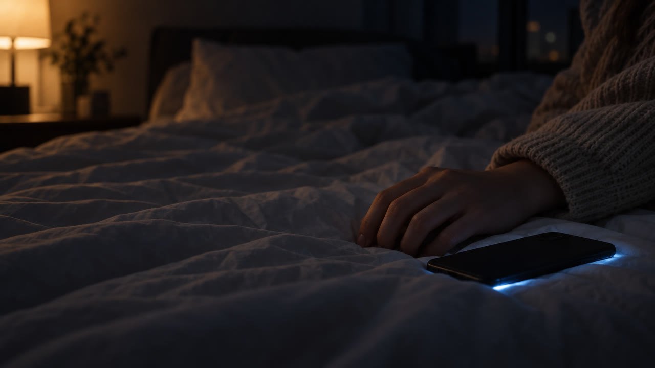 Close-up of a hand resting on a white duvet beside a face-down phone glowing at the edges in a dark bedroom