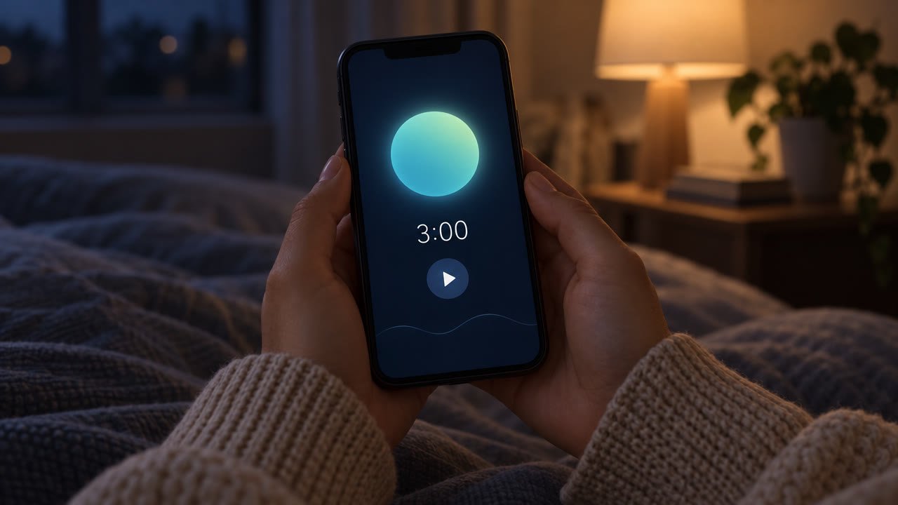 Hands holding a phone in bed at night showing a minimal guided reset player with a 3:00 timer and play button