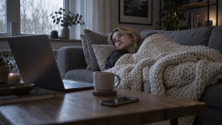 Woman under a cream knit blanket on the sofa staring at the ceiling, laptop still open on the table
