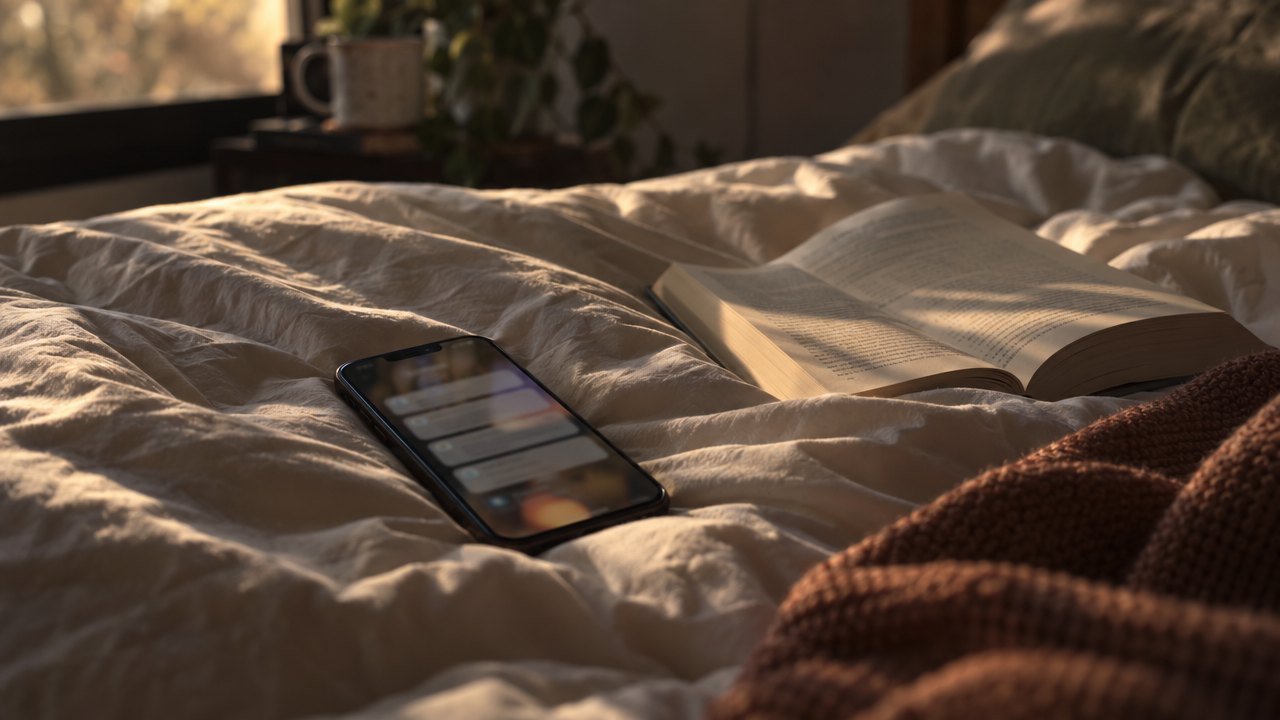 Phone lit with notifications on a rumpled duvet next to an unread open book