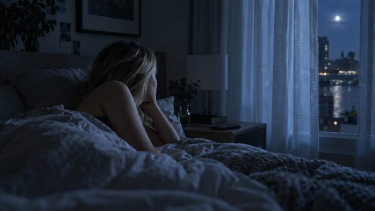 Woman lying awake in bed at night, hand to her face, looking toward a moonlit city window