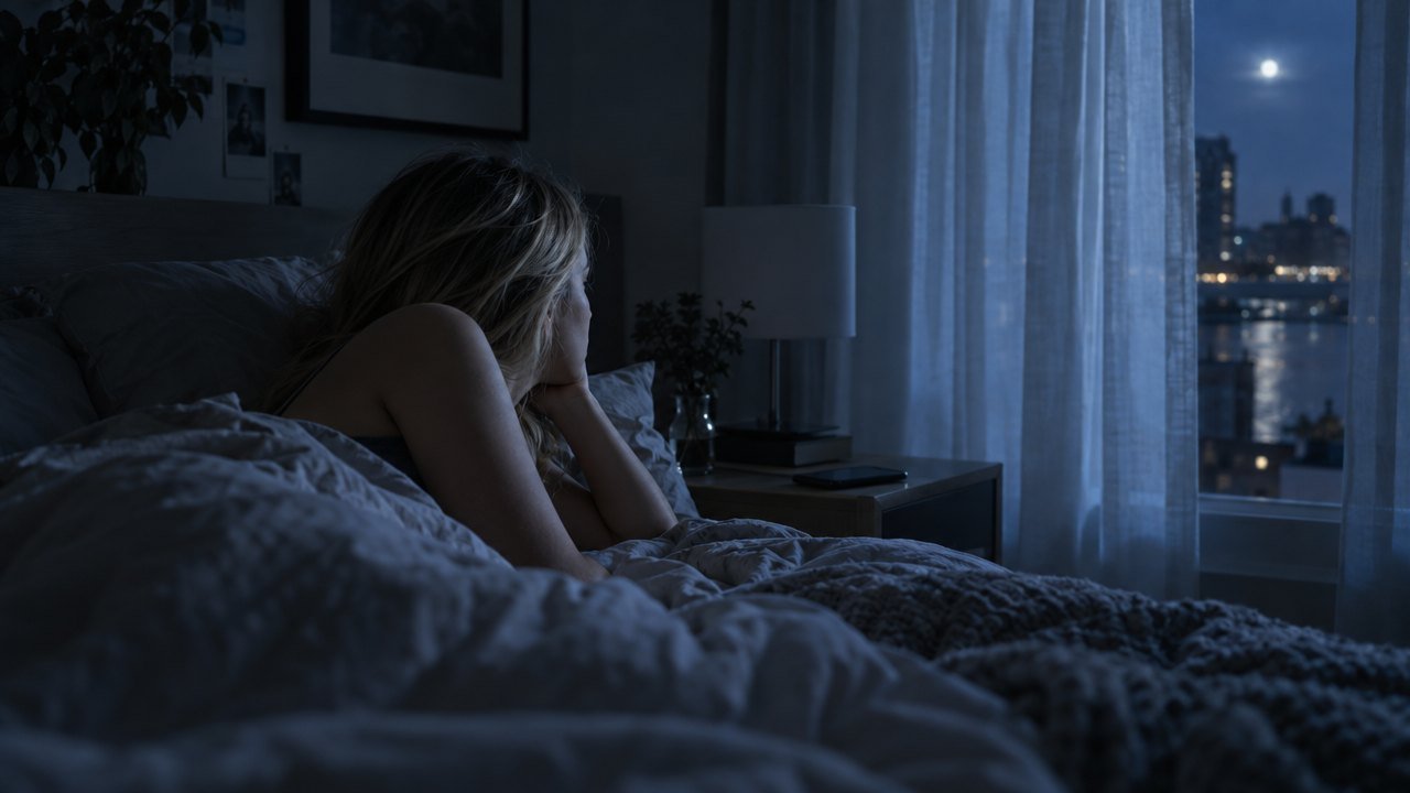Woman lying awake in bed at night, hand to her face, looking toward a moonlit city window