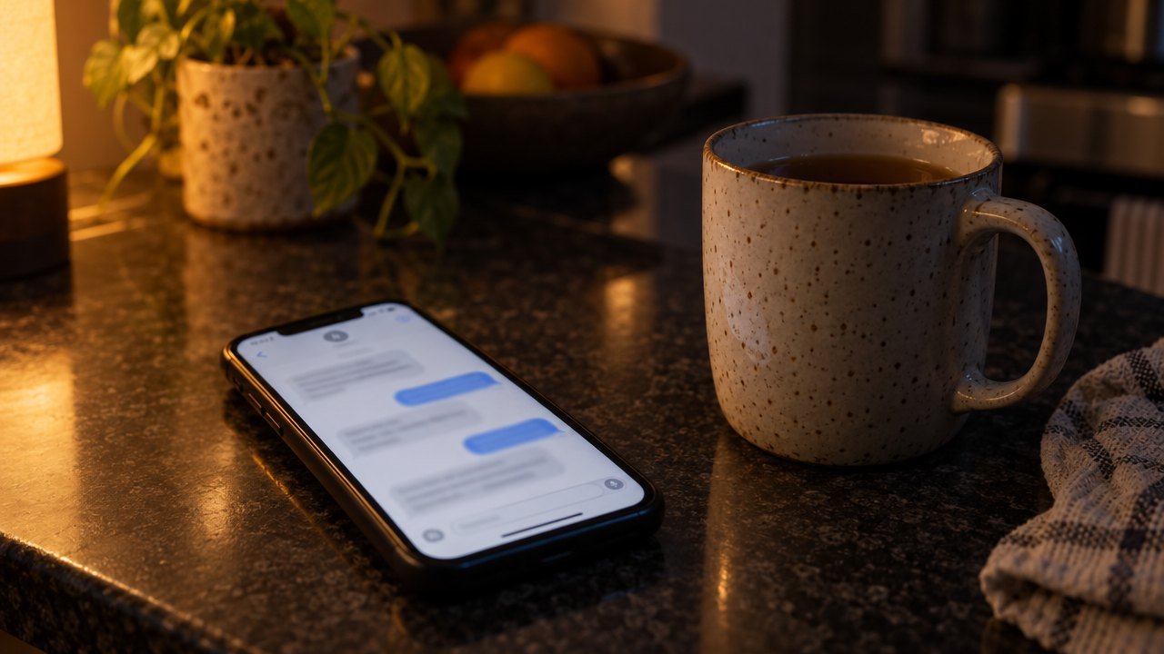 Phone glowing with a message thread on a dark kitchen counter beside a cold mug of tea