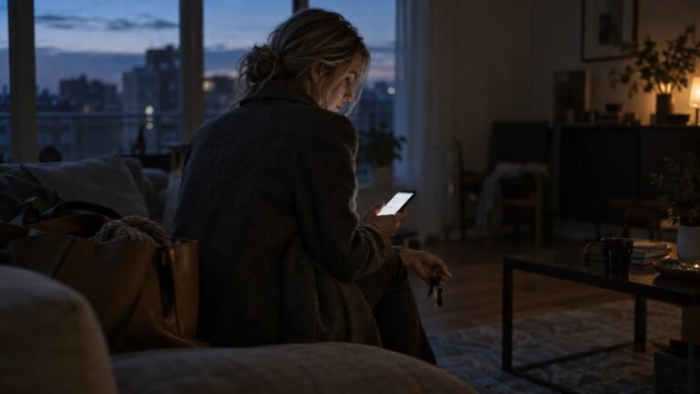 Woman still in her coat sitting on the sofa at dusk, keys in hand, looking down at her phone