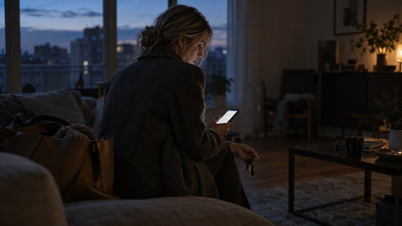 Woman still in her coat sitting on the sofa at dusk, keys in hand, looking down at her phone