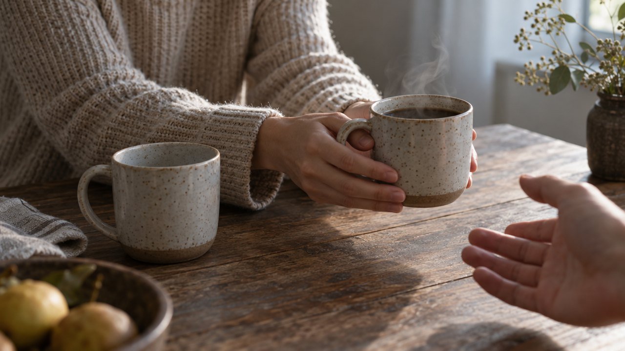 Hands offering a steaming mug across a wooden table while her own mug sits empty
