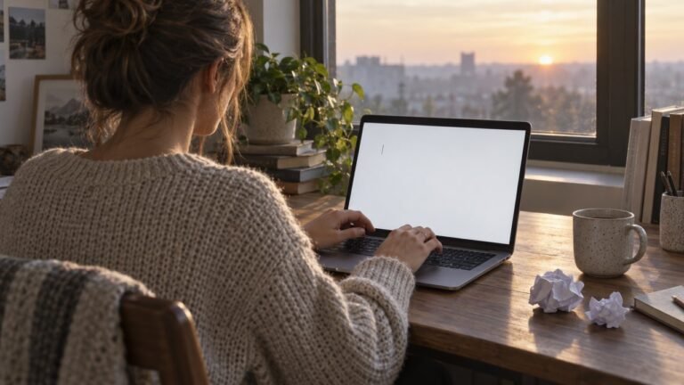 Woman in a knit sweater at a desk at sunrise, hands on a laptop showing a blank page