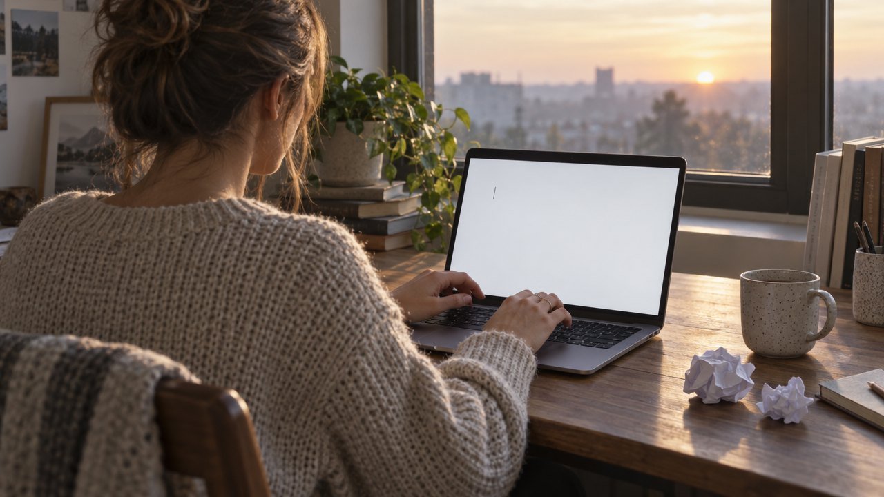 Woman in a knit sweater at a desk at sunrise, hands on a laptop showing a blank page