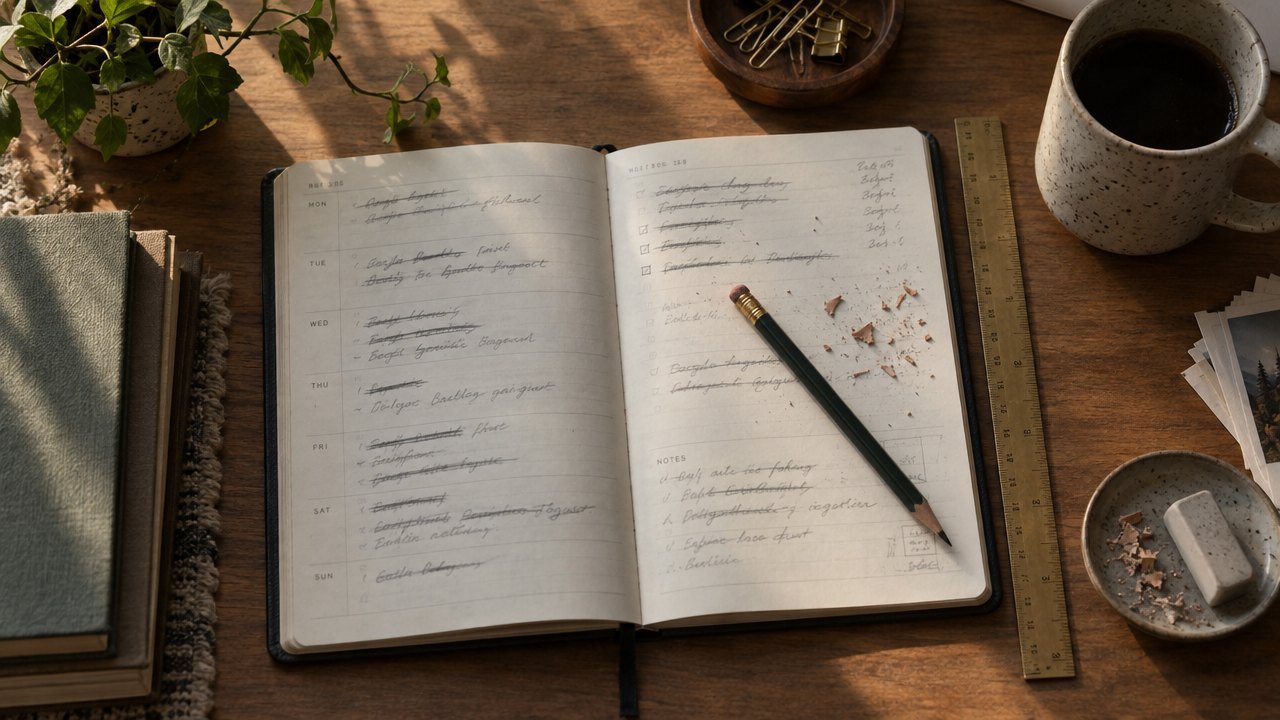 Open planner with crossed-out and rewritten lines, a worn pencil, eraser crumbs and a ruler