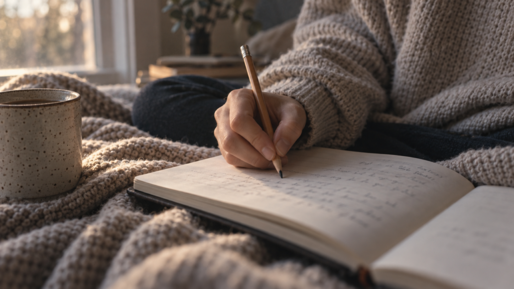 A hand writing in a notebook on a knit blanket, with a speckled mug in soft window light